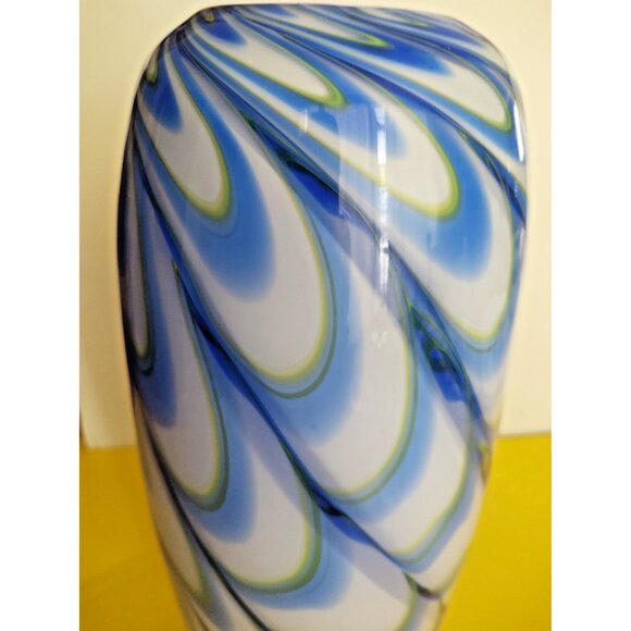 Eastern Art Blue & White  Glass Swirl Studio Hand Blown Large Vase 13" x 6" - Picture 9 of 10